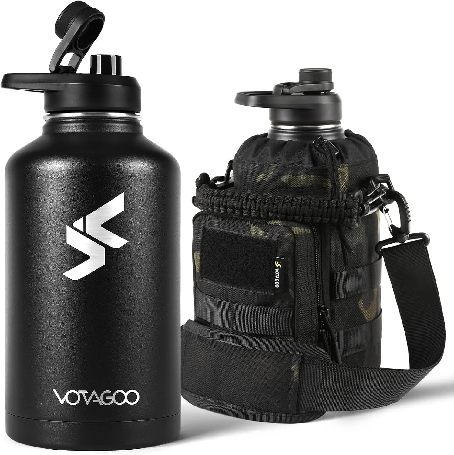 64Oz Tactical Water Bottle - Half Gallon Stainless Steel Insulated Water Bottle, Metal Military Bottle with Rugged, Removable Sleeve Tactical Carrier Bag for Hiking Camping Hunting