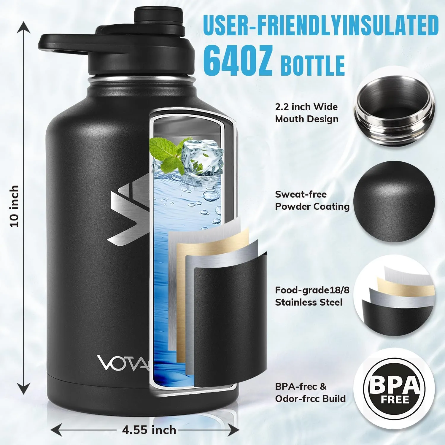 64Oz Tactical Water Bottle - Half Gallon Stainless Steel Insulated Water Bottle, Metal Military Bottle with Rugged, Removable Sleeve Tactical Carrier Bag for Hiking Camping Hunting