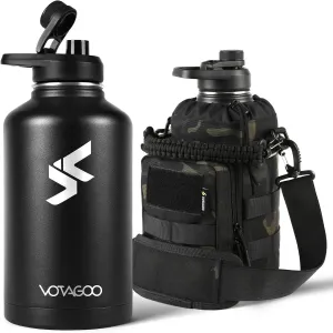 64Oz Tactical Water Bottle - Half Gallon Stainless Steel Insulated Water Bottle, Metal Military Bottle with Rugged, Removable Sleeve Tactical Carrier Bag for Hiking Camping Hunting