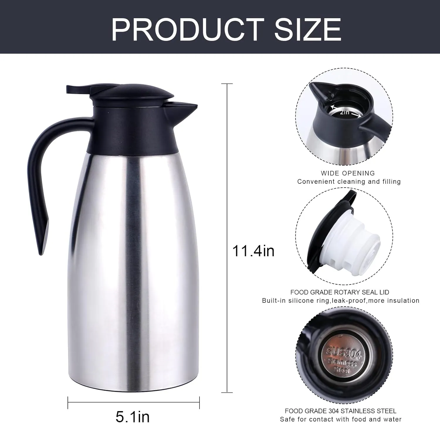 71 Oz Thermal Coffee Carafe Insulated Jug Stainless Steel Double Walled Vacuum Flask For Keeping Hot Coffee Water, Tea, Hot Beverage Keep 12 Hours Hot, 24 Hours Cold