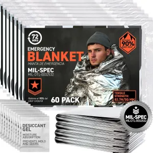 72 HRS Extra Large MIL-SPEC Emergency Mylar Thermal Blanket (Pack of 60) Heat Space Survival Blankets for Car, First Aid Kit, Hiking, and Shelter
