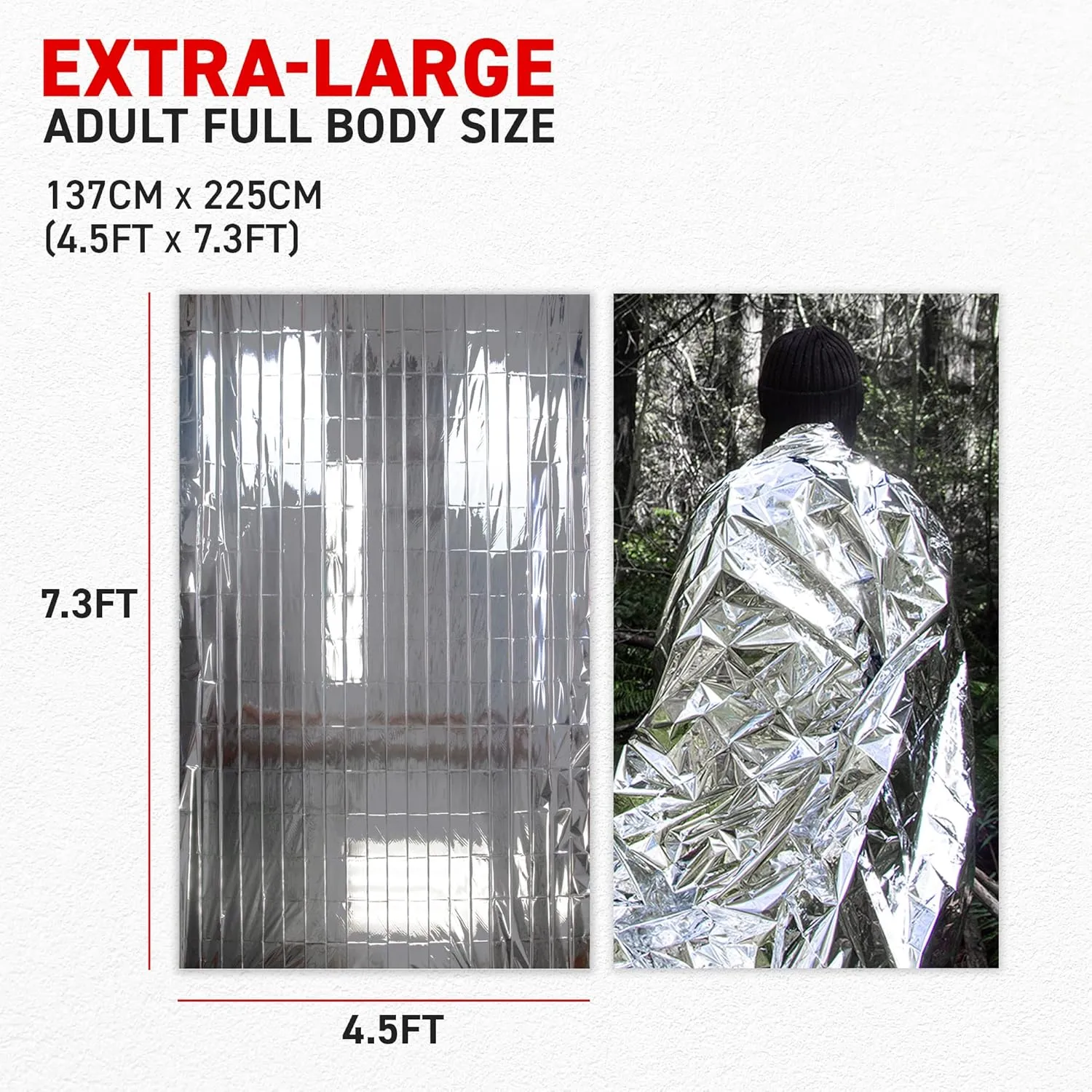 72 HRS Extra Large MIL-SPEC Emergency Mylar Thermal Blanket (Pack of 60) Heat Space Survival Blankets for Car, First Aid Kit, Hiking, and Shelter