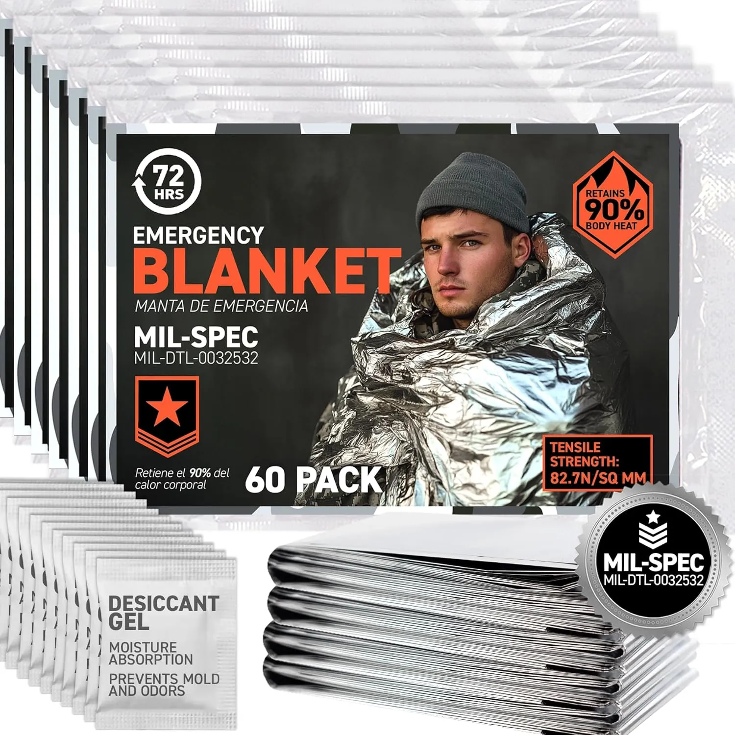 72 HRS Extra Large MIL-SPEC Emergency Mylar Thermal Blanket (Pack of 60) Heat Space Survival Blankets for Car, First Aid Kit, Hiking, and Shelter