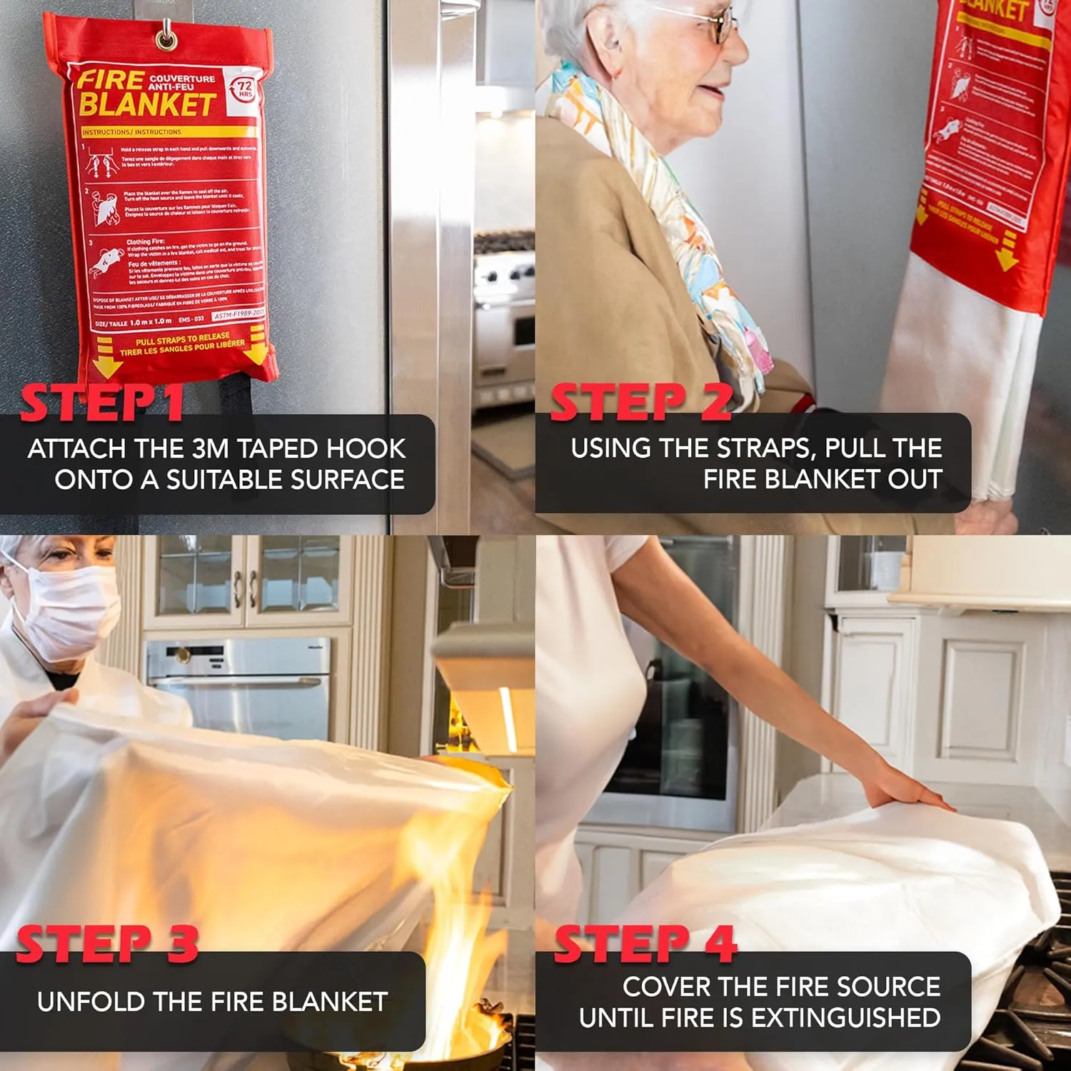 72 HRS Fiberglass Fire Blanket - Home Kitchen Fire Safety Tool, Emergency Blanket (2PC, 47"x47")