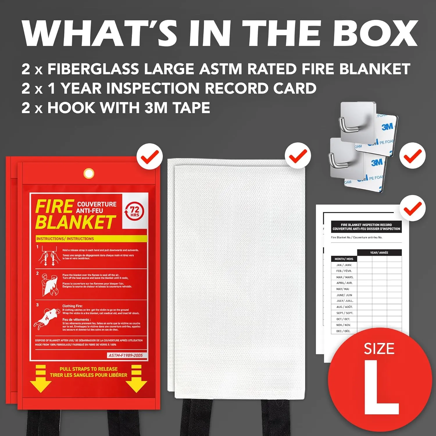 72 HRS Fiberglass Fire Blanket - Home Kitchen Fire Safety Tool, Emergency Blanket (2PC, 47"x47")