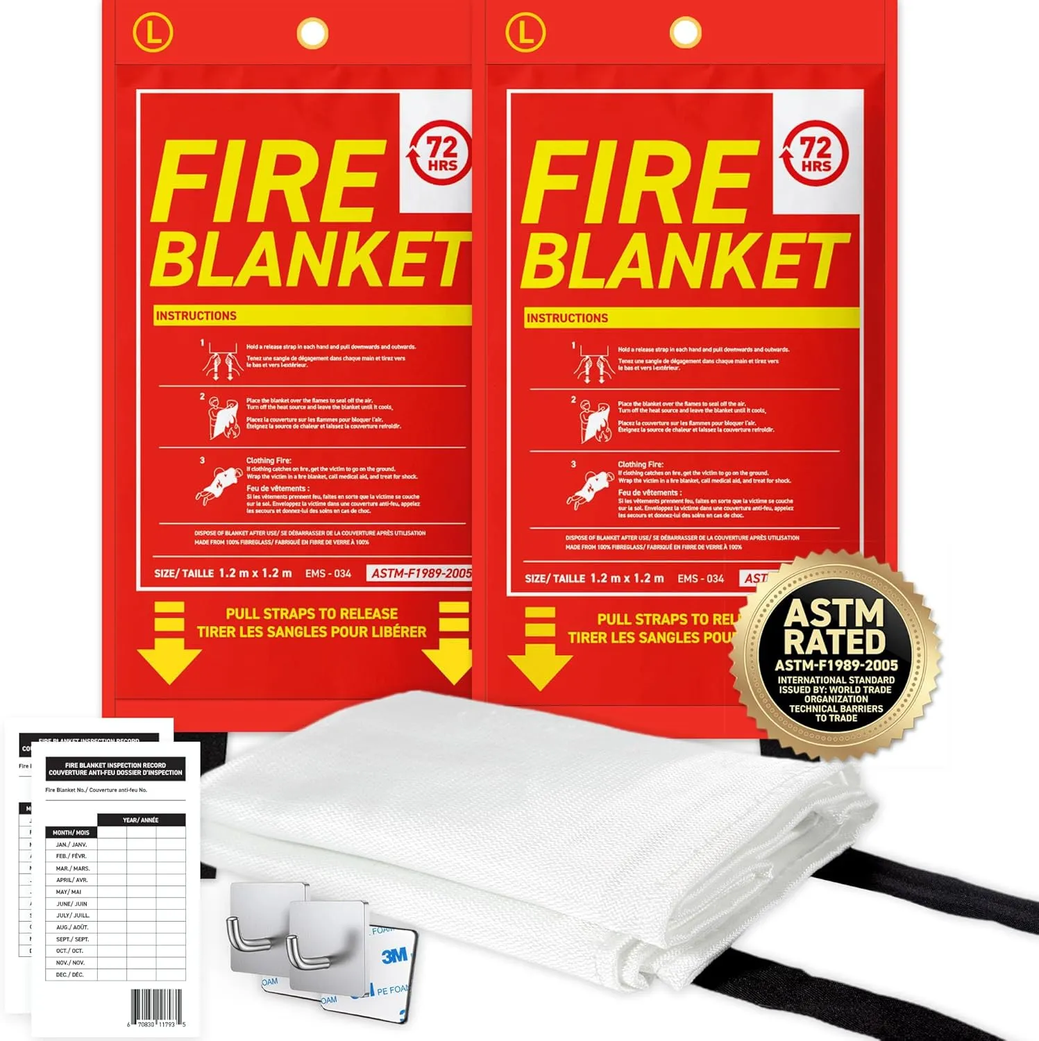72 HRS Fiberglass Fire Blanket - Home Kitchen Fire Safety Tool, Emergency Blanket (2PC, 47"x47")