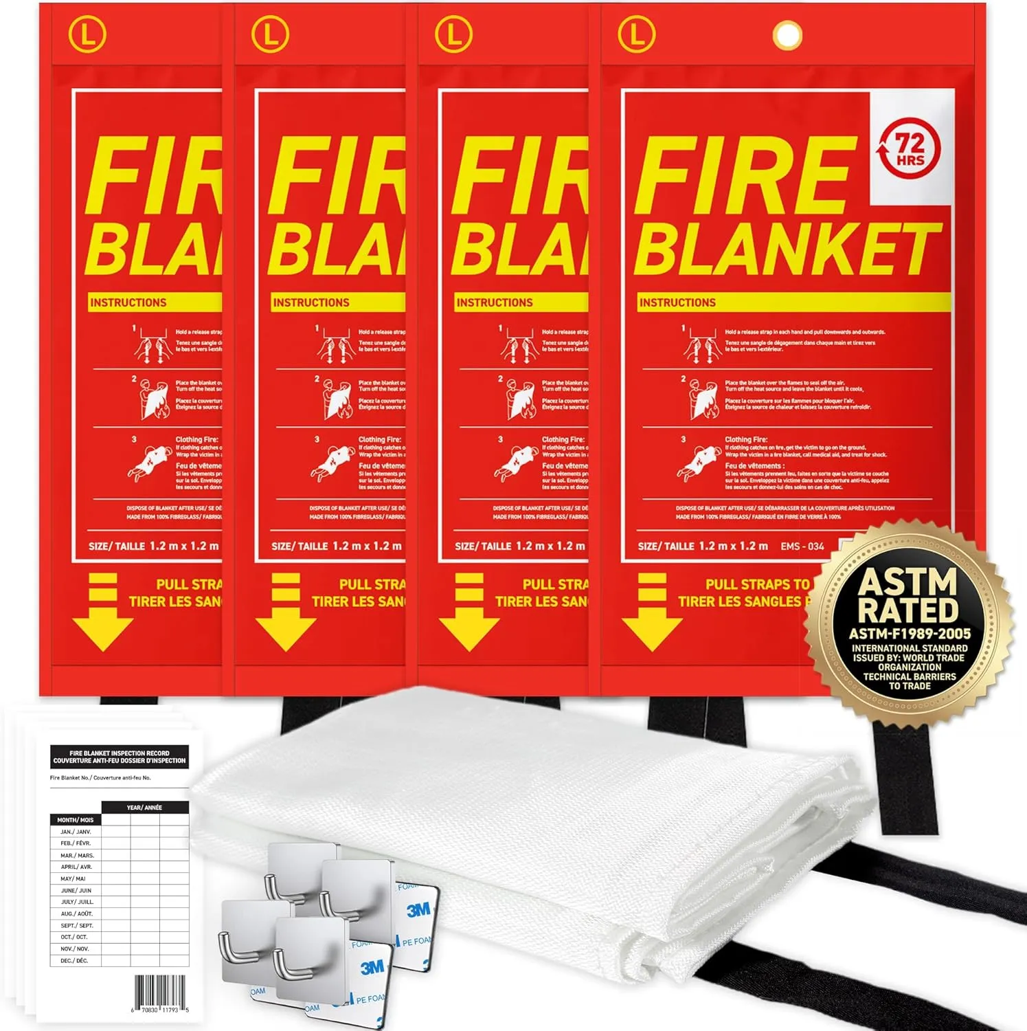 72HRS Fiberglass Large Fire Blanket - Fire Blankets Emergency for Home, Kitchen Fire Blanket Survival Stay Safe Extinguisher Replacement Hero Emergency Welding Fire Pit (47x47 | 1.2x1.2 m, 4 Pack)