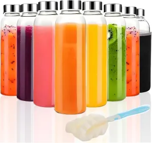 8 Pack Glass Juice Bottles with Lids, 16 Oz Reusable Glass Water Bottle with Brush Protective Sleeve, Portable Clear Glasses Containers Drinking Jars for Smoothie, Milk, Juice, Tea, Leakproof