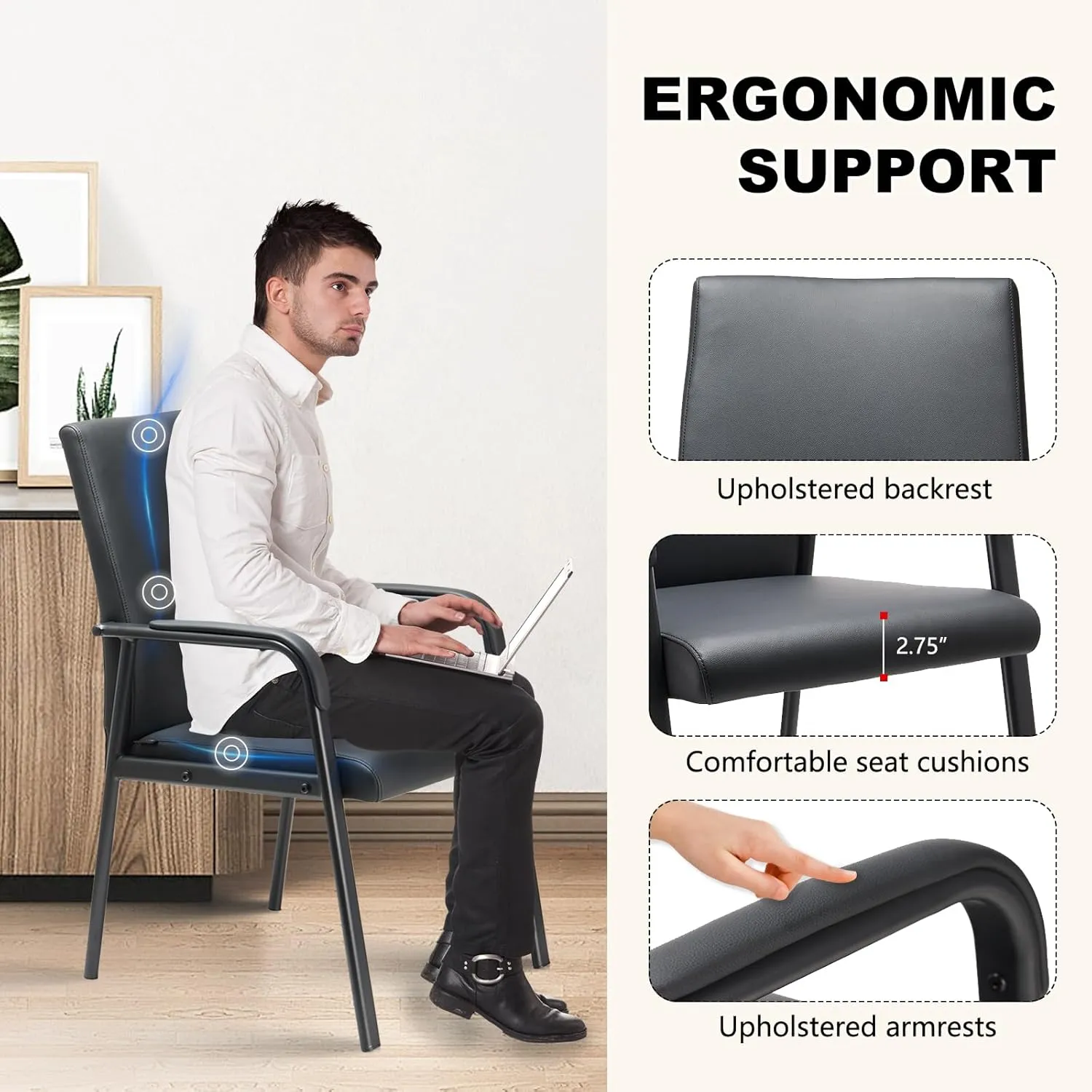 8 Pack Office Guest Reception Chair 600 lbs Capacity Leather Conference Room Chairs with Padded Armrests No Wheels Desk Chair Black