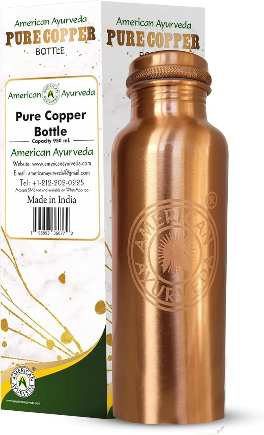 A American Ayurveda 100% Pure Copper Water Bottle Jointfree, Leakproof, Tumbler, Flask, Yoga, Natural Ayurveda Health Benefits, Copper Charged Alkaline Water 900ml (30 Oz) Capacity