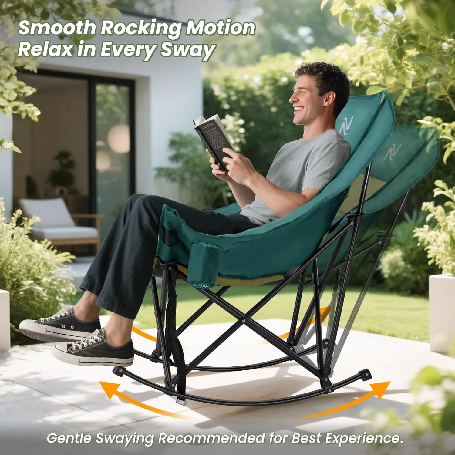 ABORON Oversized Rocking Camping Chair for Adults, Fully Padded Folding Outdoor Lawn Chair with Cooler Bag & Side Pocket, Portable Recliner Chair for Camp, Patio, Backyard, Supports 400 lbs