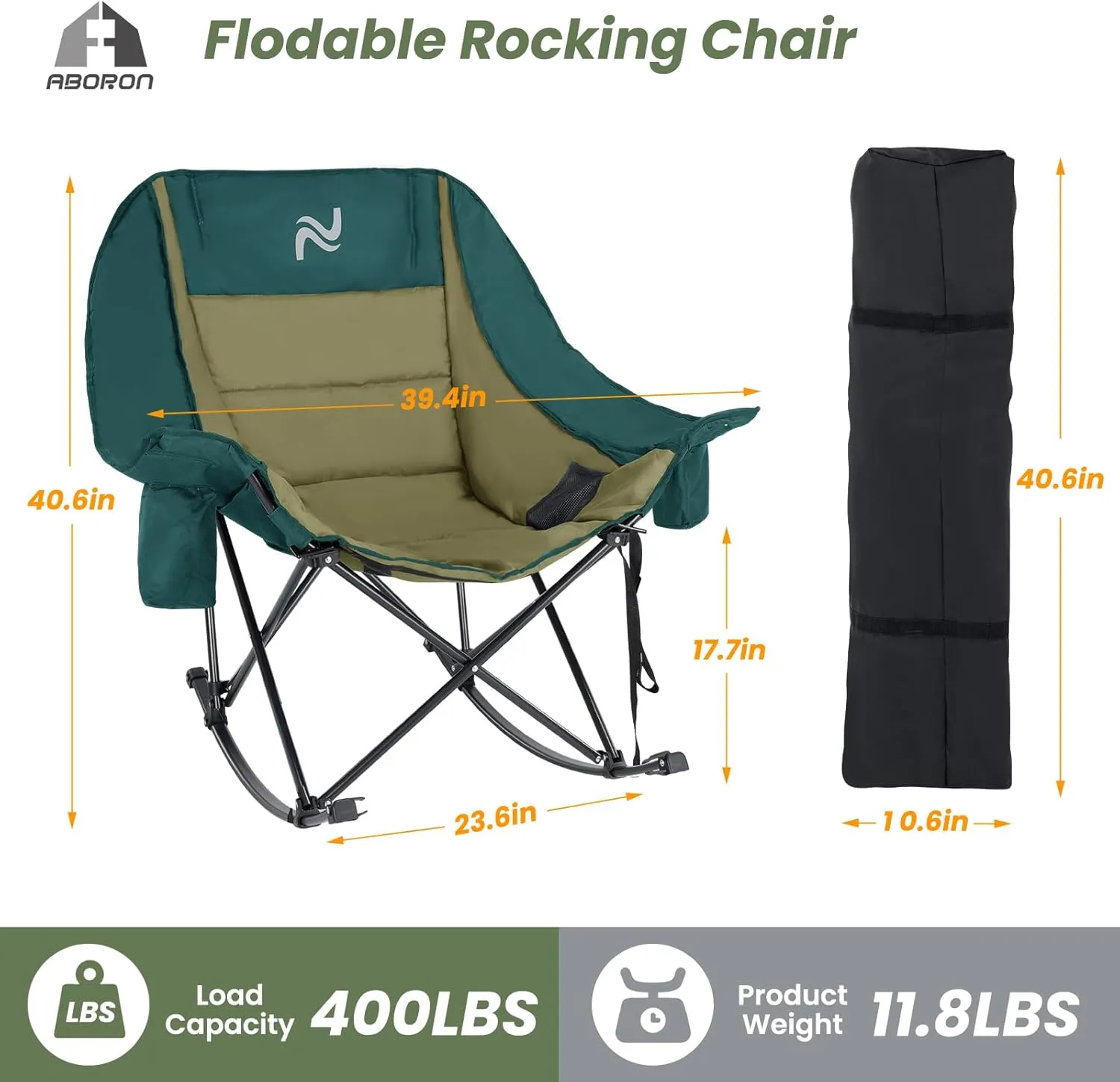 ABORON Oversized Rocking Camping Chair for Adults, Fully Padded Folding Outdoor Lawn Chair with Cooler Bag & Side Pocket, Portable Recliner Chair for Camp, Patio, Backyard, Supports 400 lbs