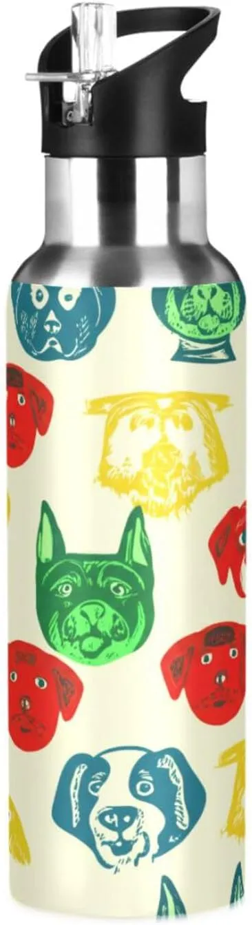 Abstract Dog Head Sports Water Bottle with Straw, 22oz BPA Free Stainless Steel Vacuum Insulated Bottle for Gym Fitness Outdoor