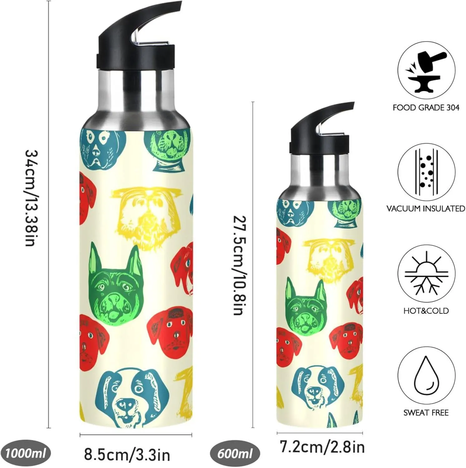 Abstract Dog Head Sports Water Bottle with Straw, 22oz BPA Free Stainless Steel Vacuum Insulated Bottle for Gym Fitness Outdoor
