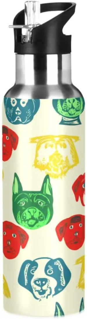 Abstract Dog Head Sports Water Bottle with Straw, 22oz BPA Free Stainless Steel Vacuum Insulated Bottle for Gym Fitness Outdoor