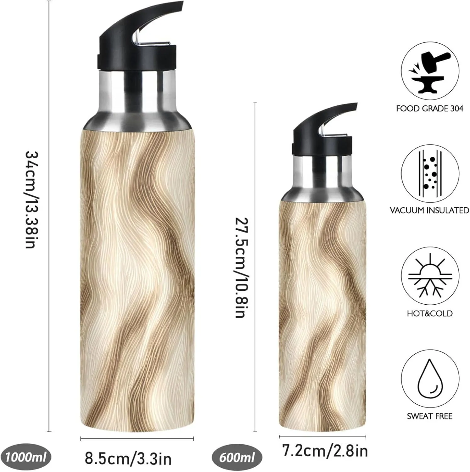 Abstract Lines Sports Water Bottle with Straw, 22oz BPA Free Stainless Steel Vacuum Insulated Bottle for Gym Fitness Outdoor