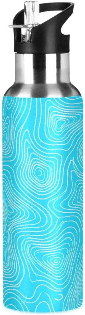 Abstract Lines Sports Water Bottle with Straw, 22oz BPA Free Stainless Steel Vacuum Insulated Bottle for Gym Fitness Outdoor