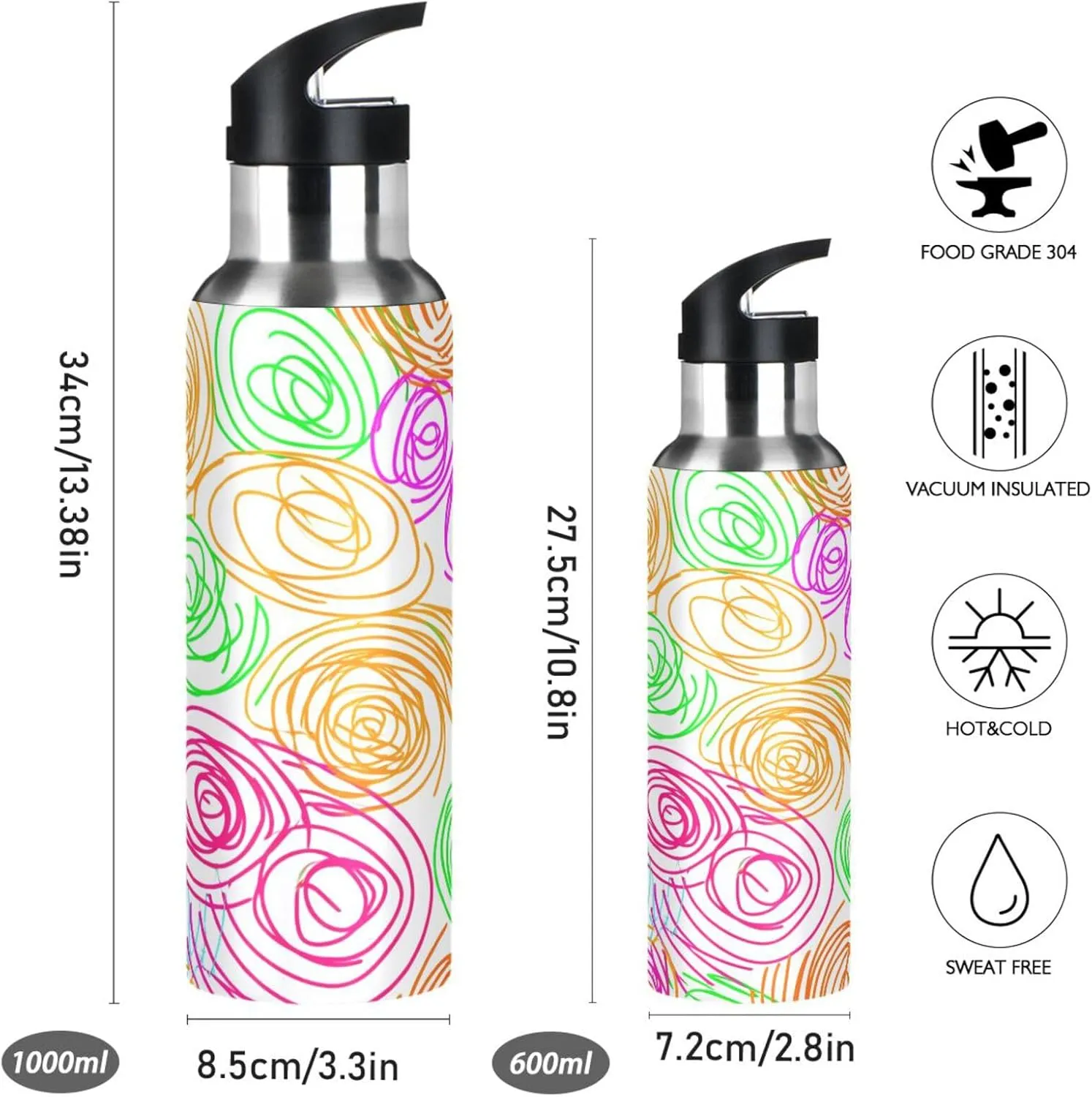 Abstract Lines Sports Water Bottle with Straw, 22oz BPA Free Stainless Steel Vacuum Insulated Bottle for Gym Fitness Outdoor