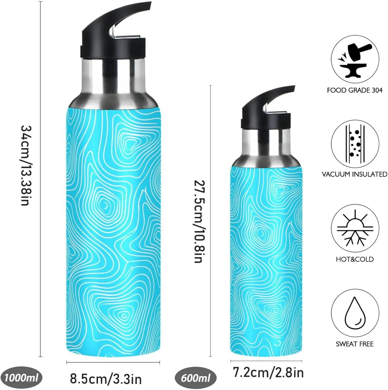 Abstract Lines Sports Water Bottle with Straw, 22oz BPA Free Stainless Steel Vacuum Insulated Bottle for Gym Fitness Outdoor
