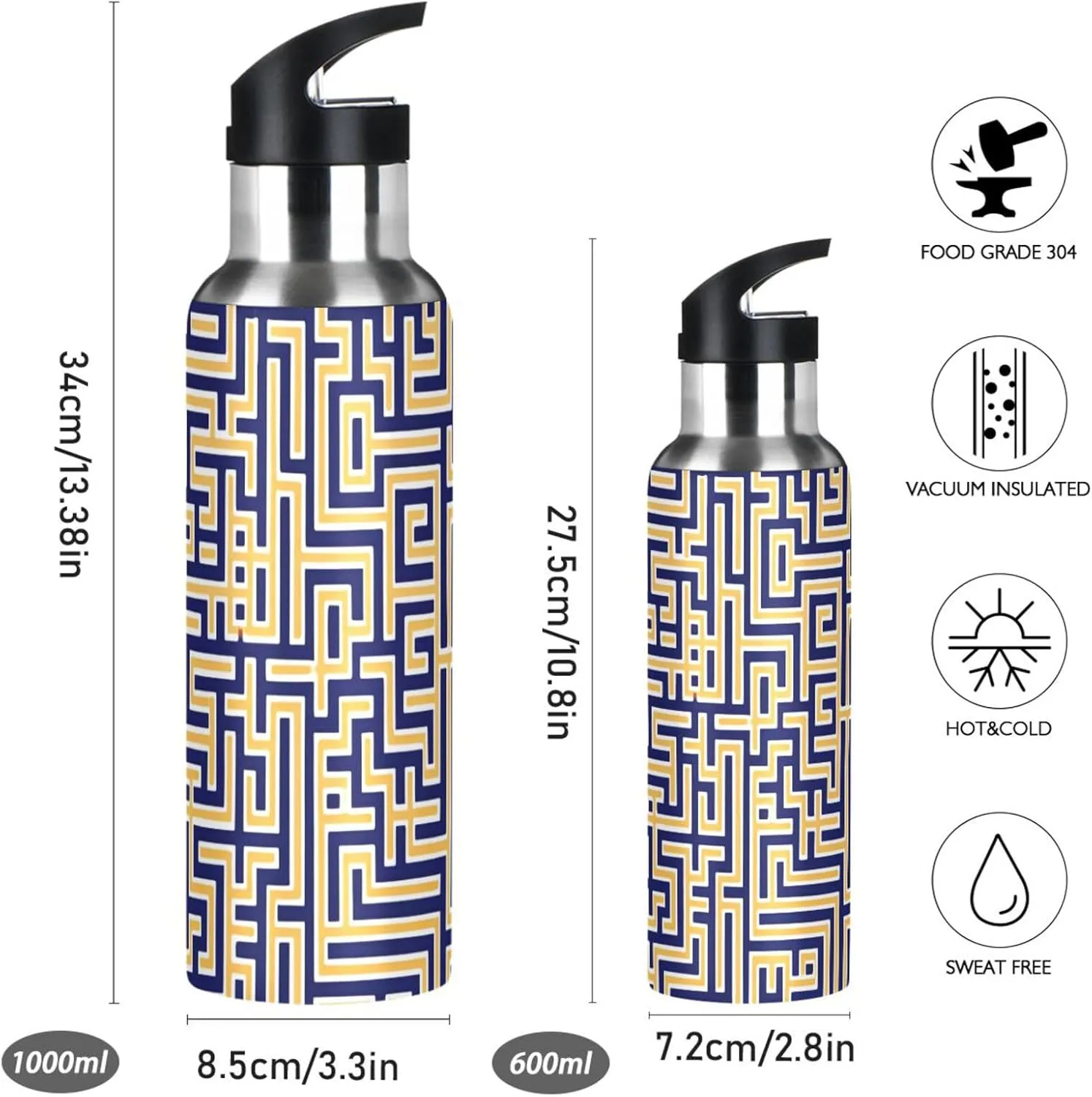 Abstract Maze Sports Water Bottle with Straw, 22oz BPA Free Stainless Steel Vacuum Insulated Bottle for Gym Fitness Outdoor