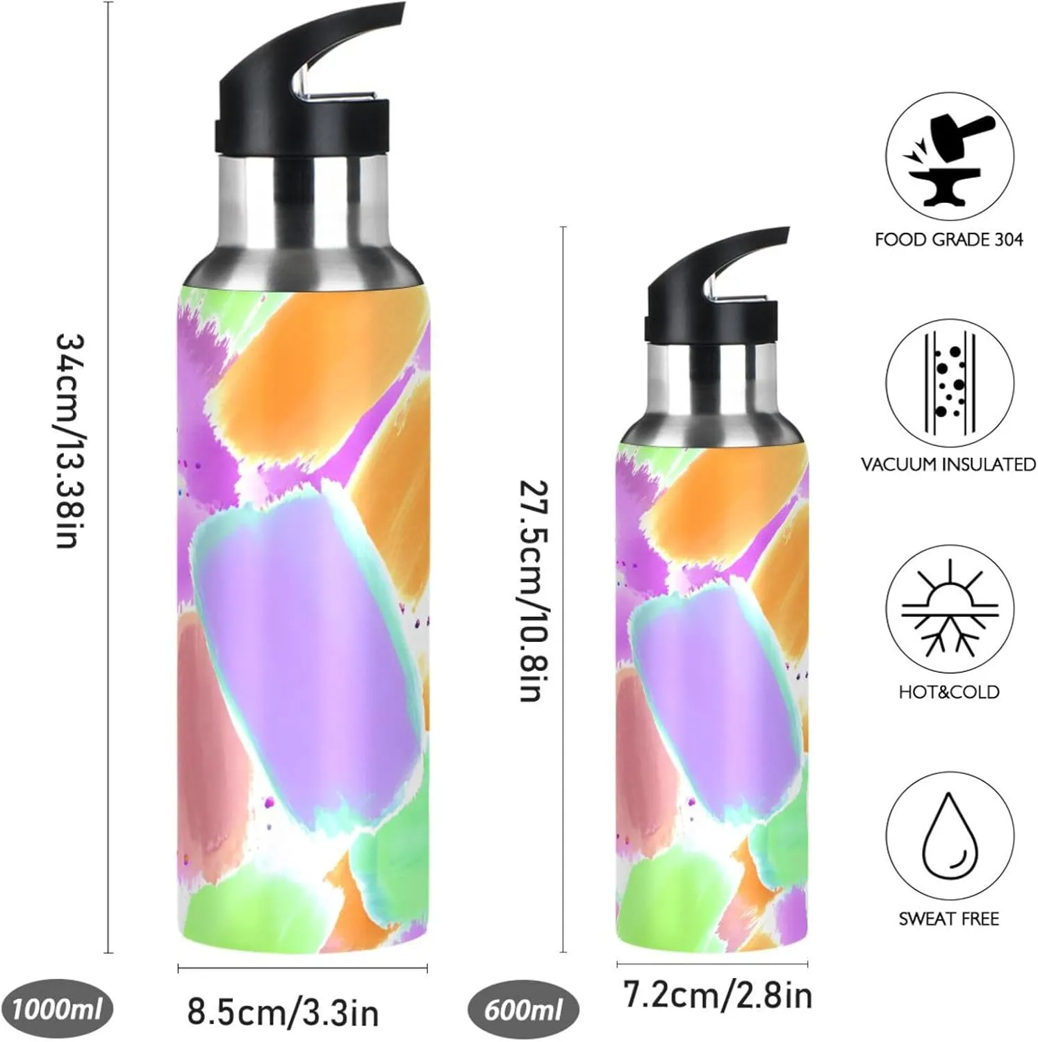 Abstract Pastel Sports Water Bottle with Straw, 22oz BPA Free Stainless Steel Vacuum Insulated Bottle for Gym Fitness Outdoor