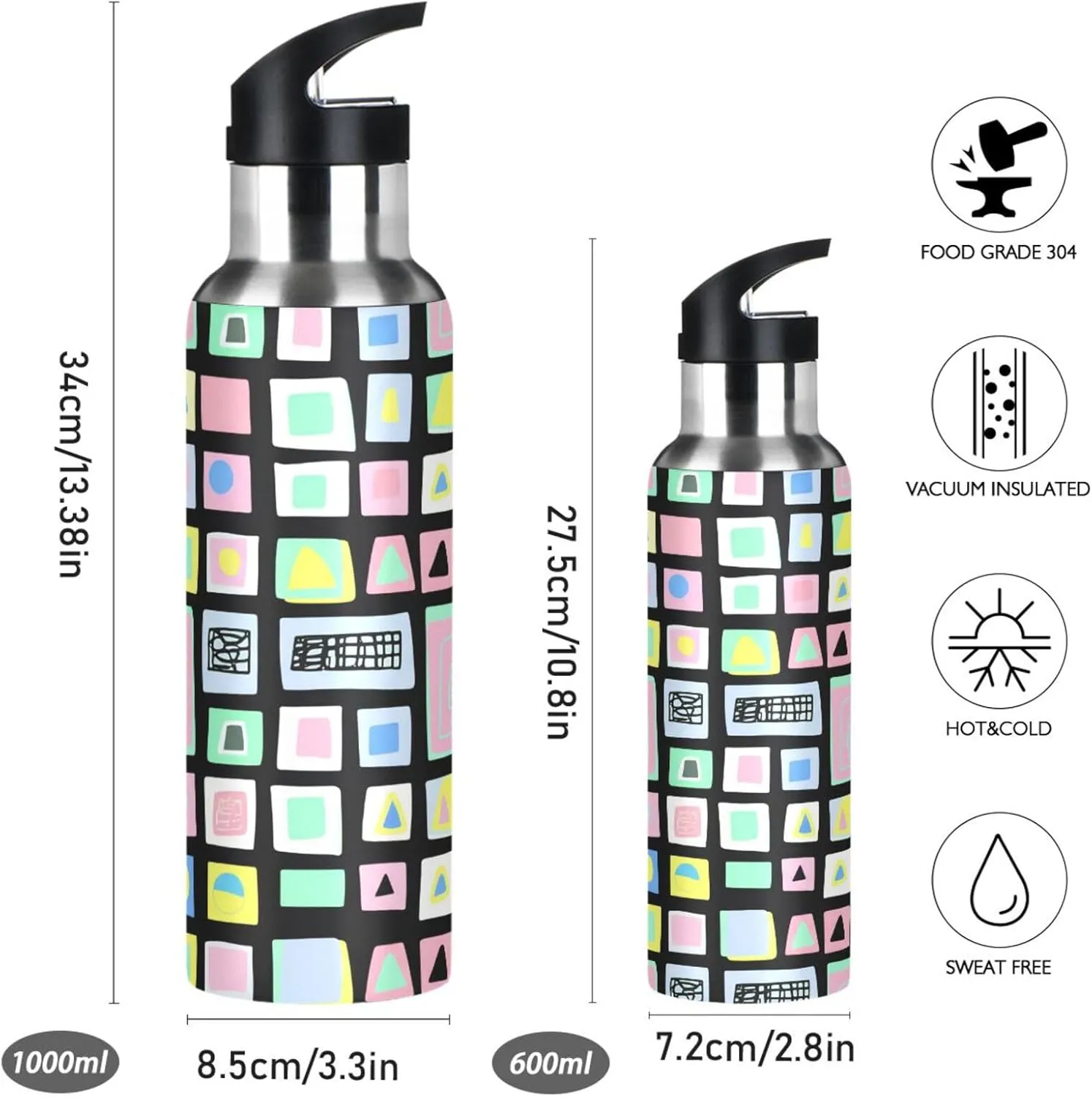 Abstract Squares Sports Water Bottle with Straw, 22oz BPA Free Stainless Steel Vacuum Insulated Bottle for Gym Fitness Outdoor