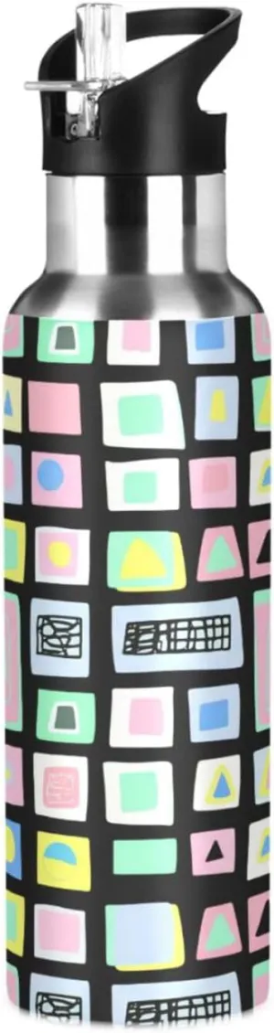 Abstract Squares Sports Water Bottle with Straw, 22oz BPA Free Stainless Steel Vacuum Insulated Bottle for Gym Fitness Outdoor