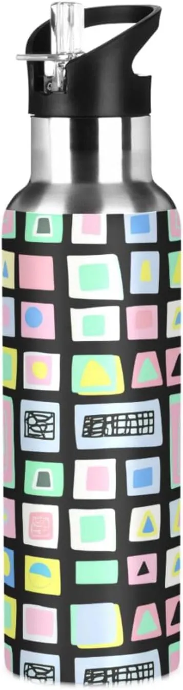 Abstract Squares Sports Water Bottle with Straw, 22oz BPA Free Stainless Steel Vacuum Insulated Bottle for Gym Fitness Outdoor