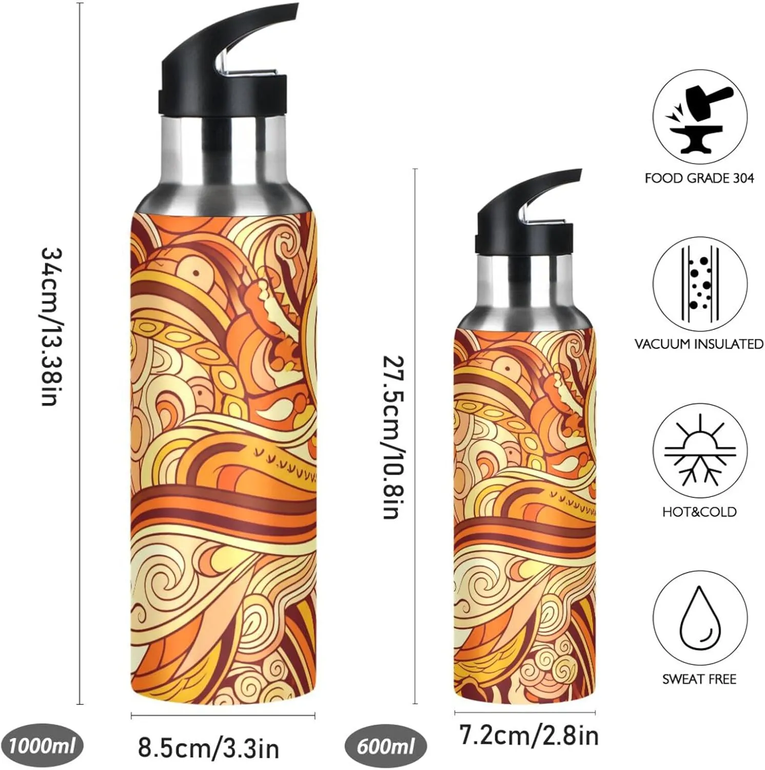 Abstract Tribal Lines Sports Water Bottle with Straw, 22oz BPA Free Stainless Steel Vacuum Insulated Bottle for Gym Fitness Outdoor