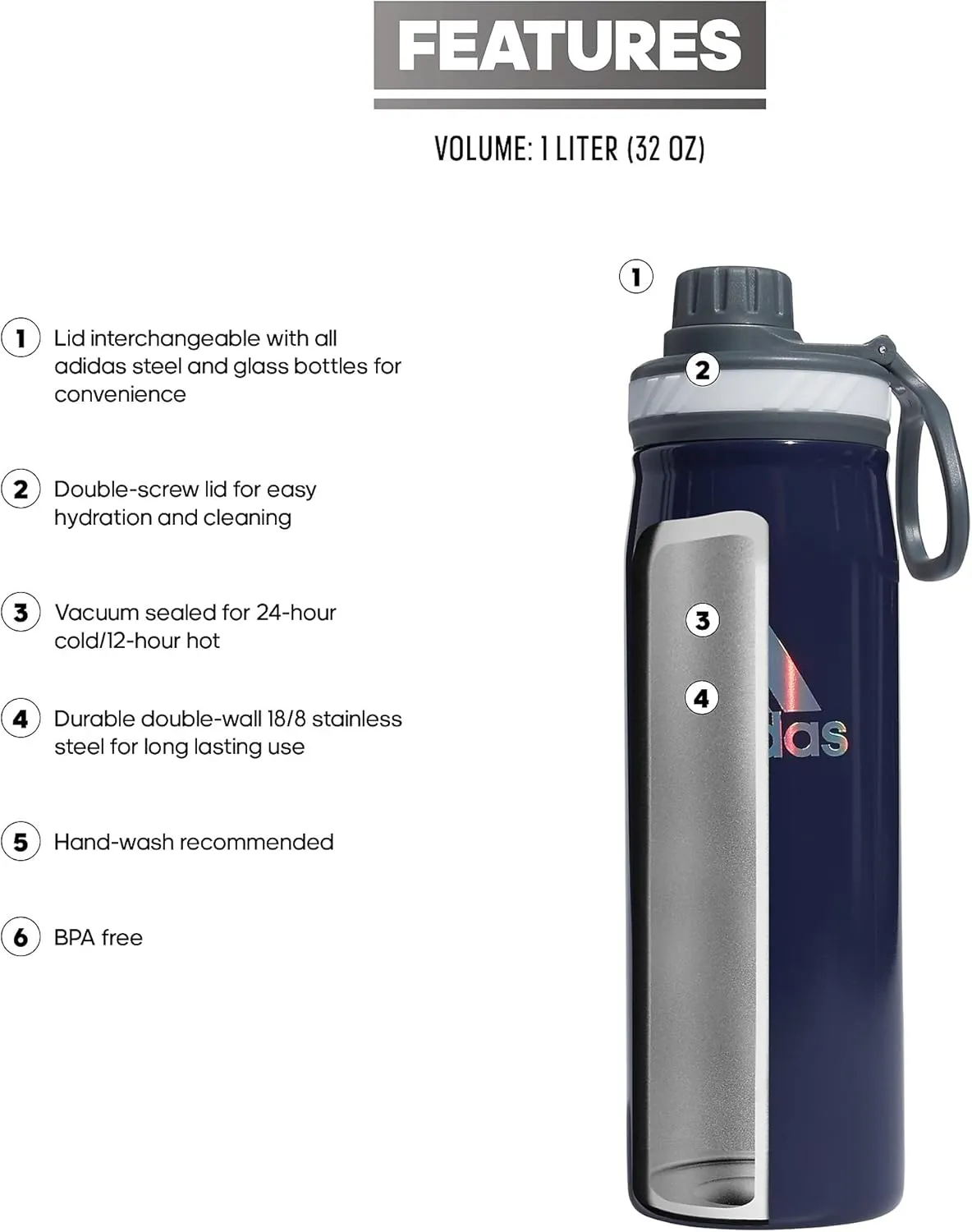 adidas 20 oz Stainless Steel Water Bottle, Insulated Double-Walled 18/8 Metal, Men, Women, Girls and Boys