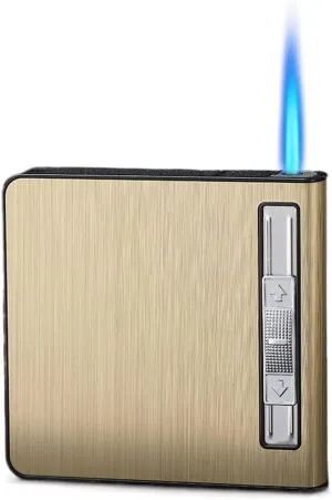 Adjustable Jet Flame Windproof Torch Lighter, Cigarette Case Lighter Refillable Butane Lighter Automatic Pop-up Cigarette Case Portable 20-Pack (No Gas)(Gold)