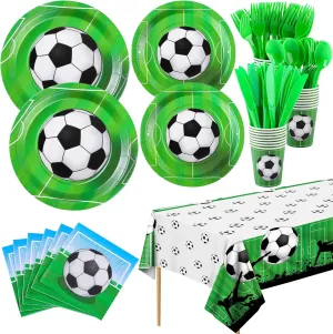 ADXCO 169 Pieces Soccer Theme Party Supplies Set Disposable Party Tableware Soccer Party Pack Including Paper Plates, Cups, Napkins, Forks, Spoons, Knives for Birthday Sports Event, Serves 24 Guests