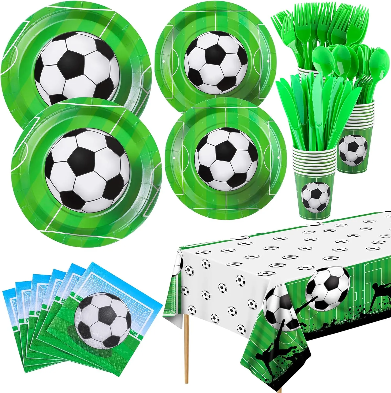 ADXCO 169 Pieces Soccer Theme Party Supplies Set Disposable Party Tableware Soccer Party Pack Including Paper Plates, Cups, Napkins, Forks, Spoons, Knives for Birthday Sports Event, Serves 24 Guests