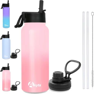 Akyta 32 OZ Water Bottle, Sports Water Bottle with Straw Lid, Vacuum-Insulated Stainless-Steel, Keep Water Cold/Hot, Double-walled Thermos Metal Water Bottle (Pink, 32 OZ)