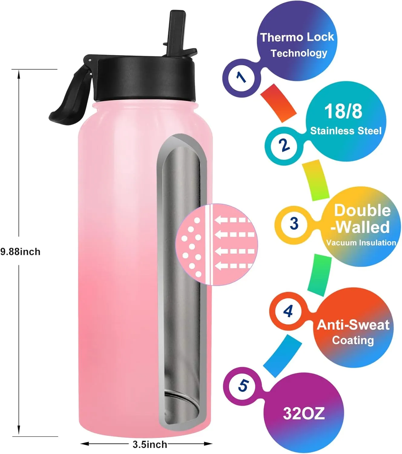 Akyta 32 OZ Water Bottle, Sports Water Bottle with Straw Lid, Vacuum-Insulated Stainless-Steel, Keep Water Cold/Hot, Double-walled Thermos Metal Water Bottle (Pink, 32 OZ)