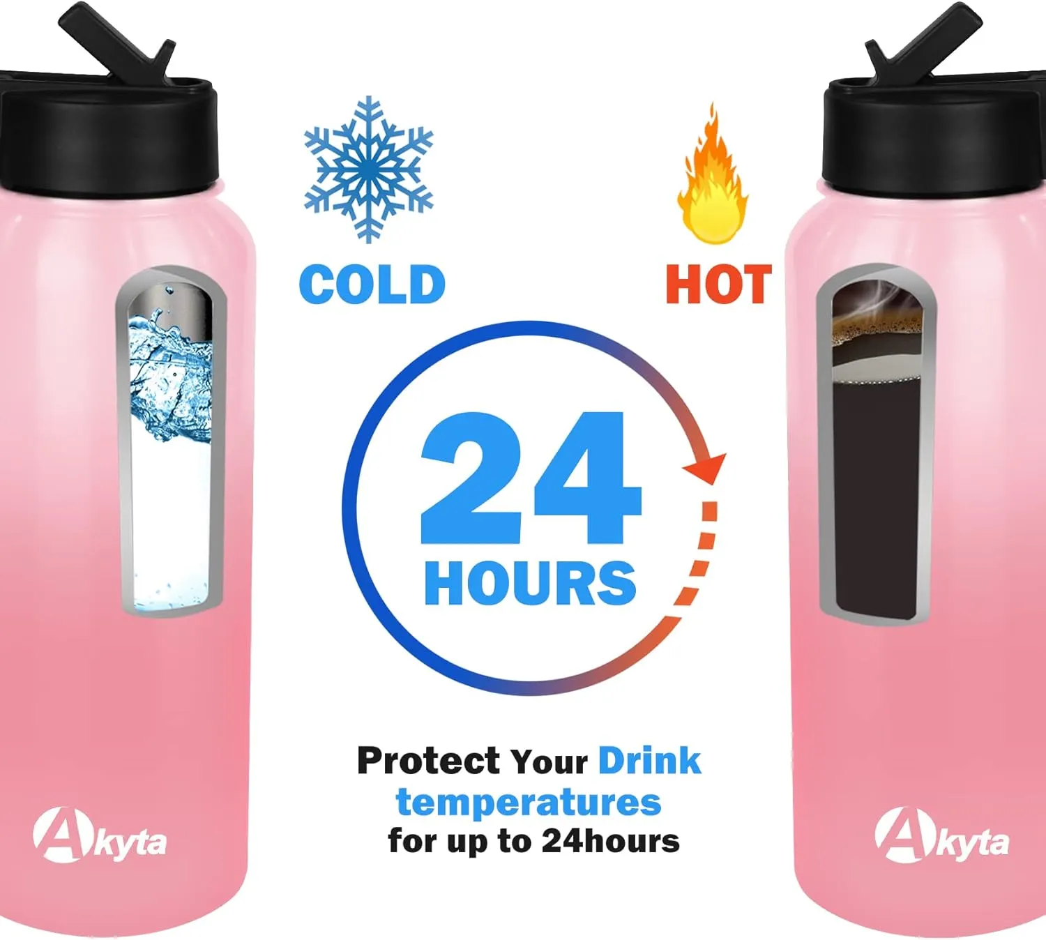 Akyta 32 OZ Water Bottle, Sports Water Bottle with Straw Lid, Vacuum-Insulated Stainless-Steel, Keep Water Cold/Hot, Double-walled Thermos Metal Water Bottle (Pink, 32 OZ)