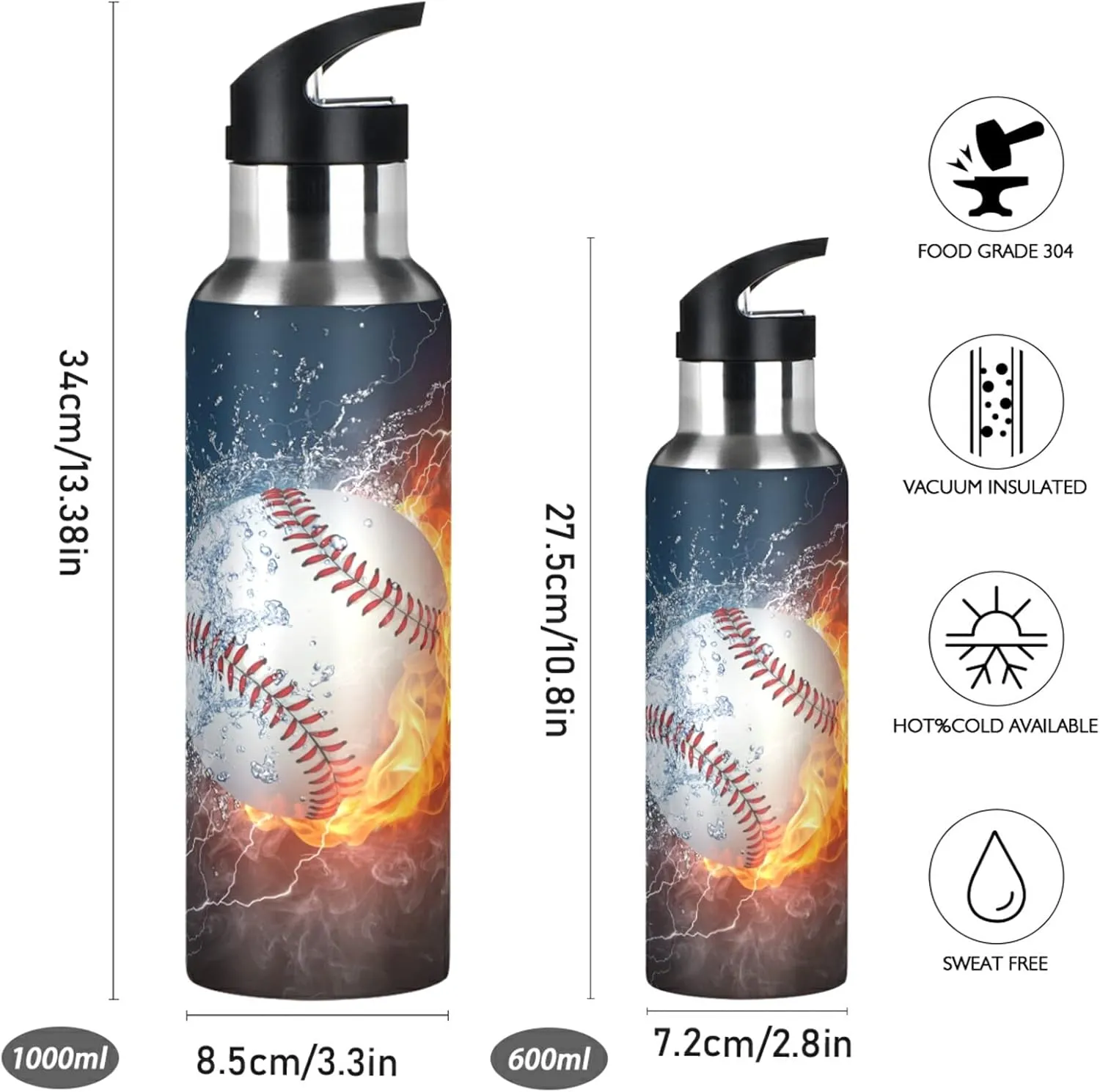 ALAZA Baseball Water Fire Water Bottle with Straw Lid Vacuum Insulated Stainless Steel Thermo Flask Water Bottle 32oz