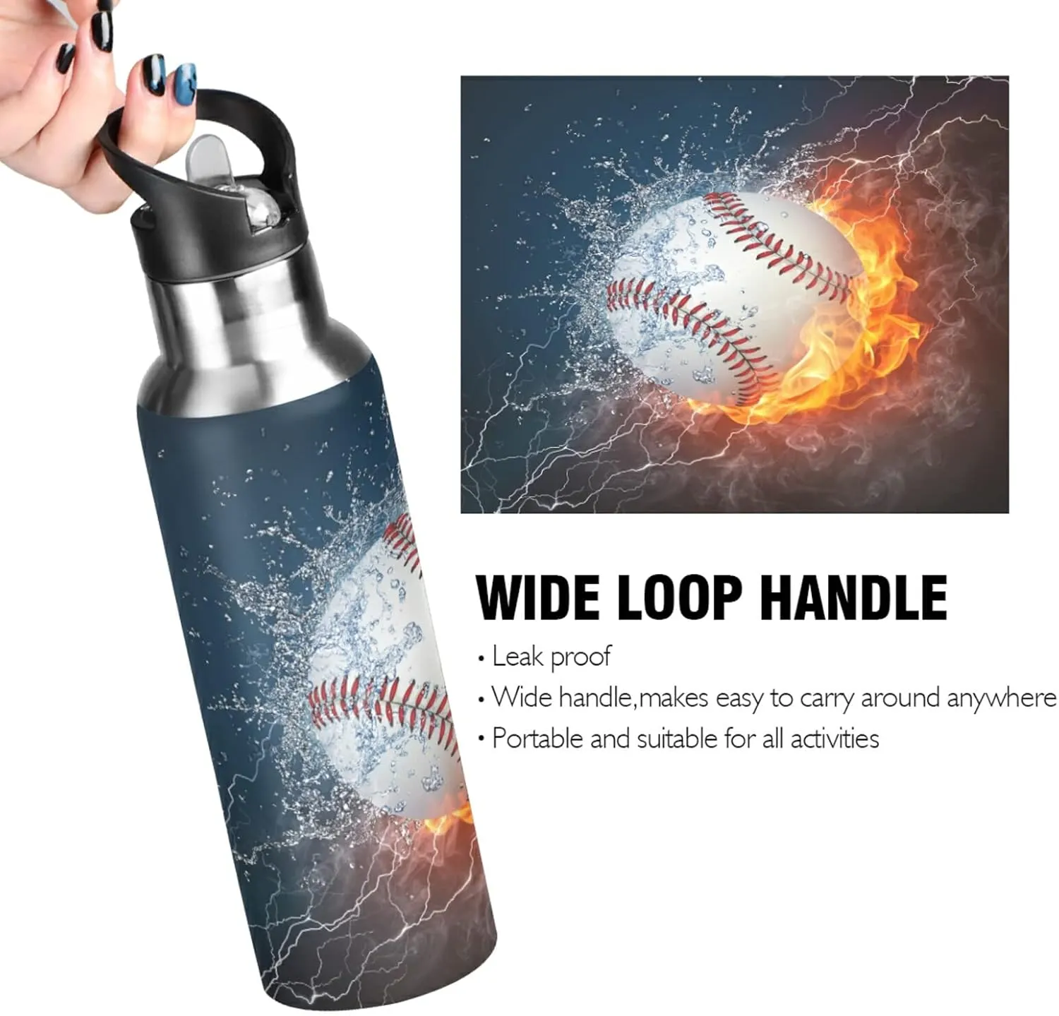 ALAZA Baseball Water Fire Water Bottle with Straw Lid Vacuum Insulated Stainless Steel Thermo Flask Water Bottle 32oz
