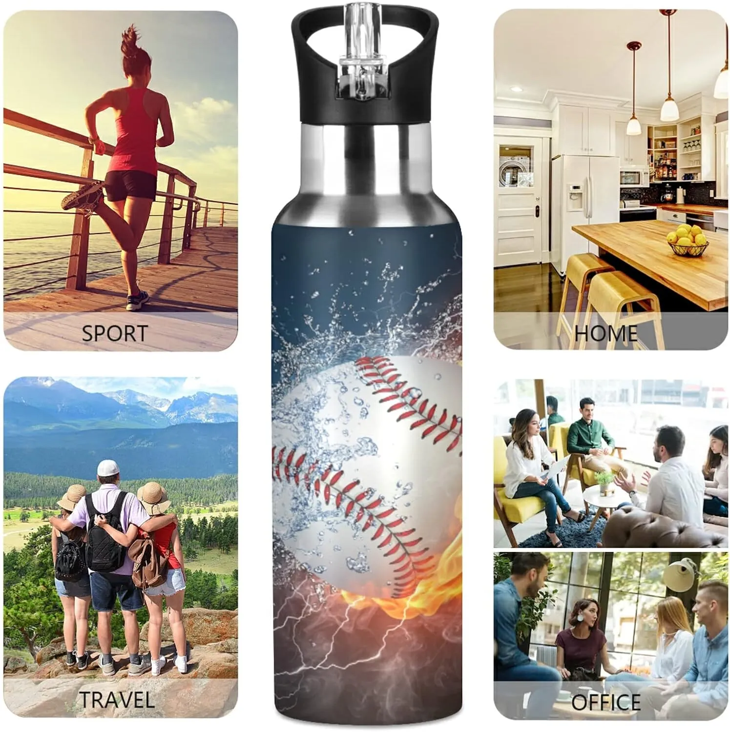 ALAZA Baseball Water Fire Water Bottle with Straw Lid Vacuum Insulated Stainless Steel Thermo Flask Water Bottle 32oz
