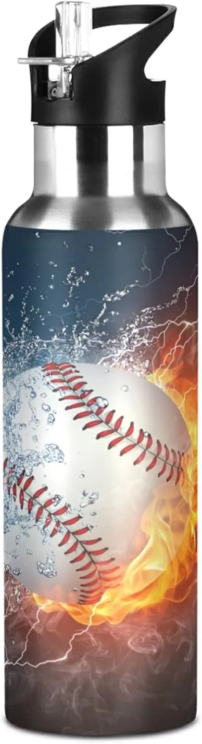 ALAZA Baseball Water Fire Water Bottle with Straw Lid Vacuum Insulated Stainless Steel Thermo Flask Water Bottle 32oz