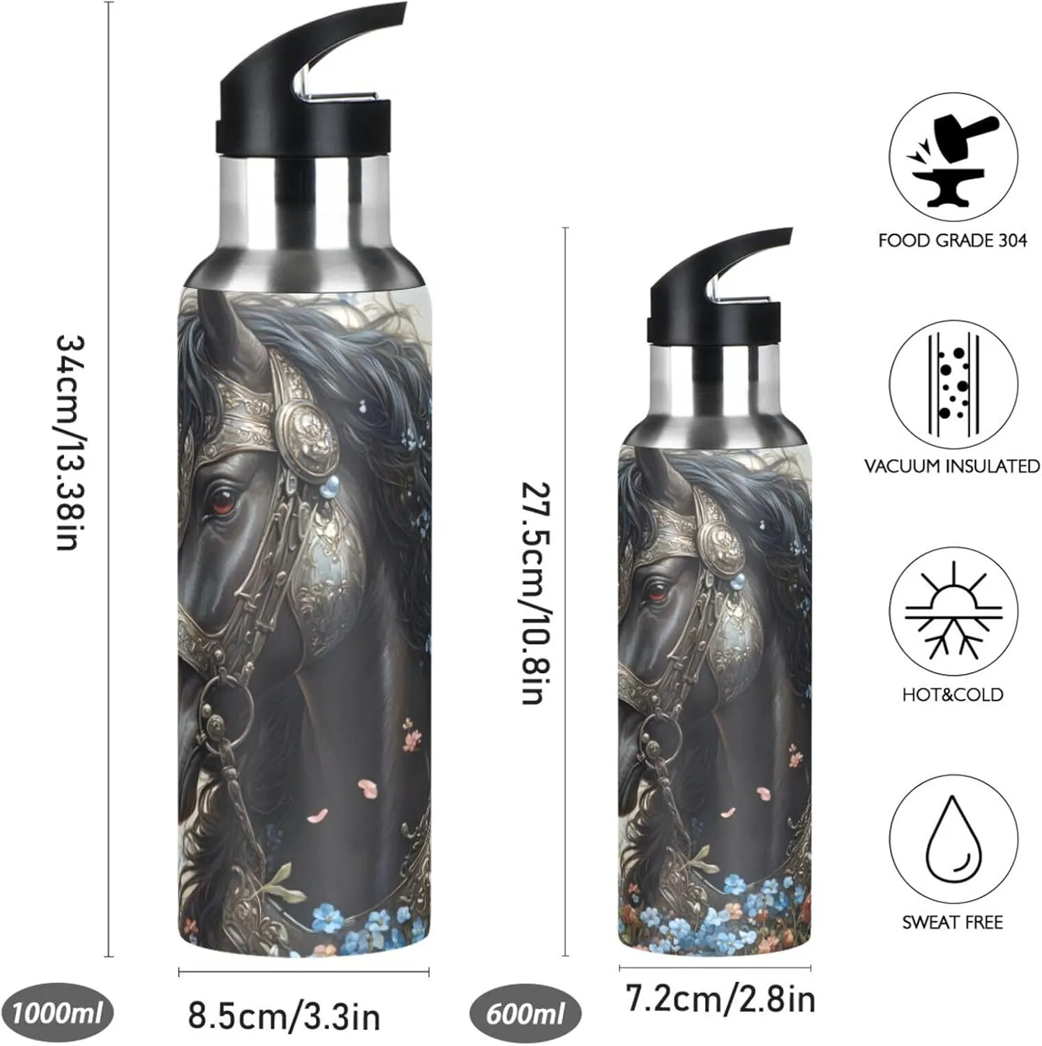 ALAZA Black Horse Flowers Water Bottle with Straw Lid Vacuum Insulated Stainless Steel Thermo Flask Water Bottle 32oz