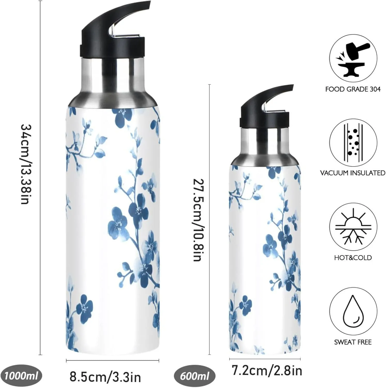 ALAZA Blue White Porcelain Flowers Water Bottle with Straw Lid Vacuum Insulated Stainless Steel Thermo Flask Water Bottle 20oz