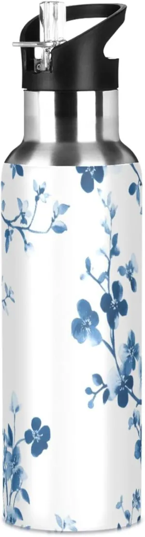 ALAZA Blue White Porcelain Flowers Water Bottle with Straw Lid Vacuum Insulated Stainless Steel Thermo Flask Water Bottle 20oz
