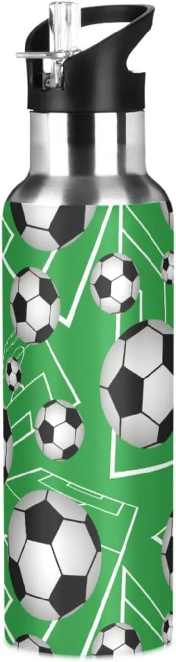 ALAZA Sport Soccer Balls Green Water Bottle Kids Insulated Thermos for Boys Girls Stainless Steel Straw Lid 24 oz Hot Cold Water Flask School Sport