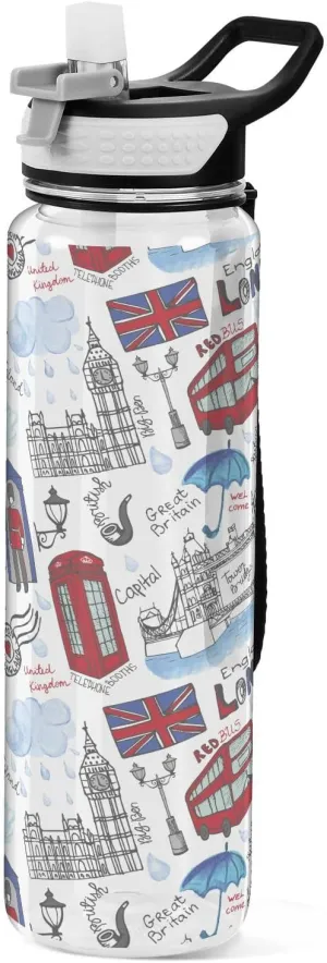 ALAZA Stylish London Landmark England Vntage Water Bottle with Straw Lid 32oz Leakproof Sport Water Bottle Clear Large Gym Water Jug for Women Men Outdoor