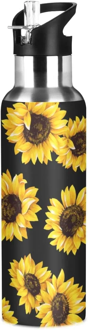 ALAZA Sunflower Water Bottle with Straw Lid Kids Vacuum Insulated Stainless Steel BPA Free Water Flask Thermo Mug Sport, 20 Oz Hot Cold