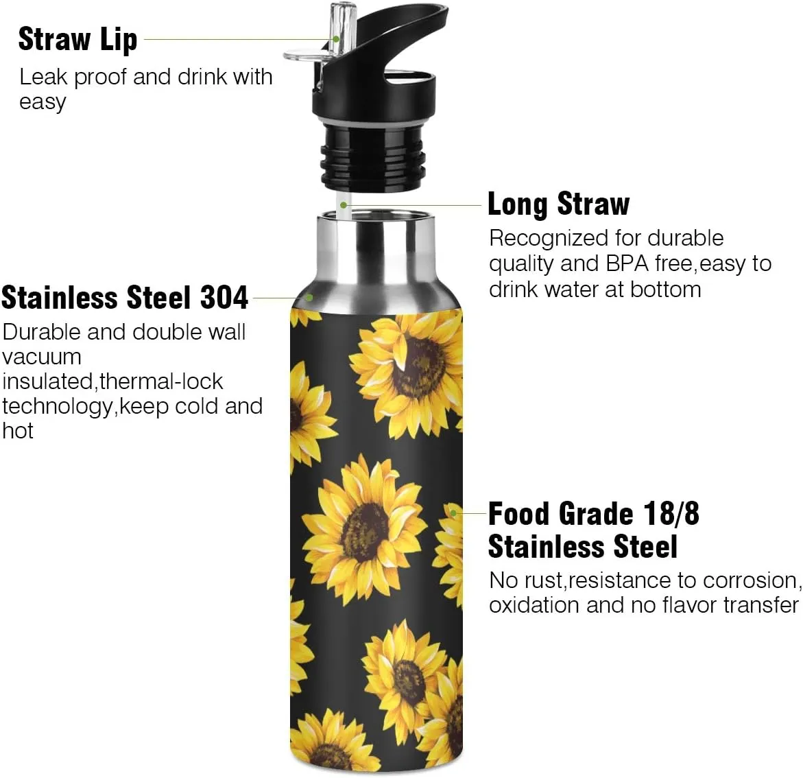 ALAZA Sunflower Water Bottle with Straw Lid Kids Vacuum Insulated Stainless Steel BPA Free Water Flask Thermo Mug Sport, 20 Oz Hot Cold