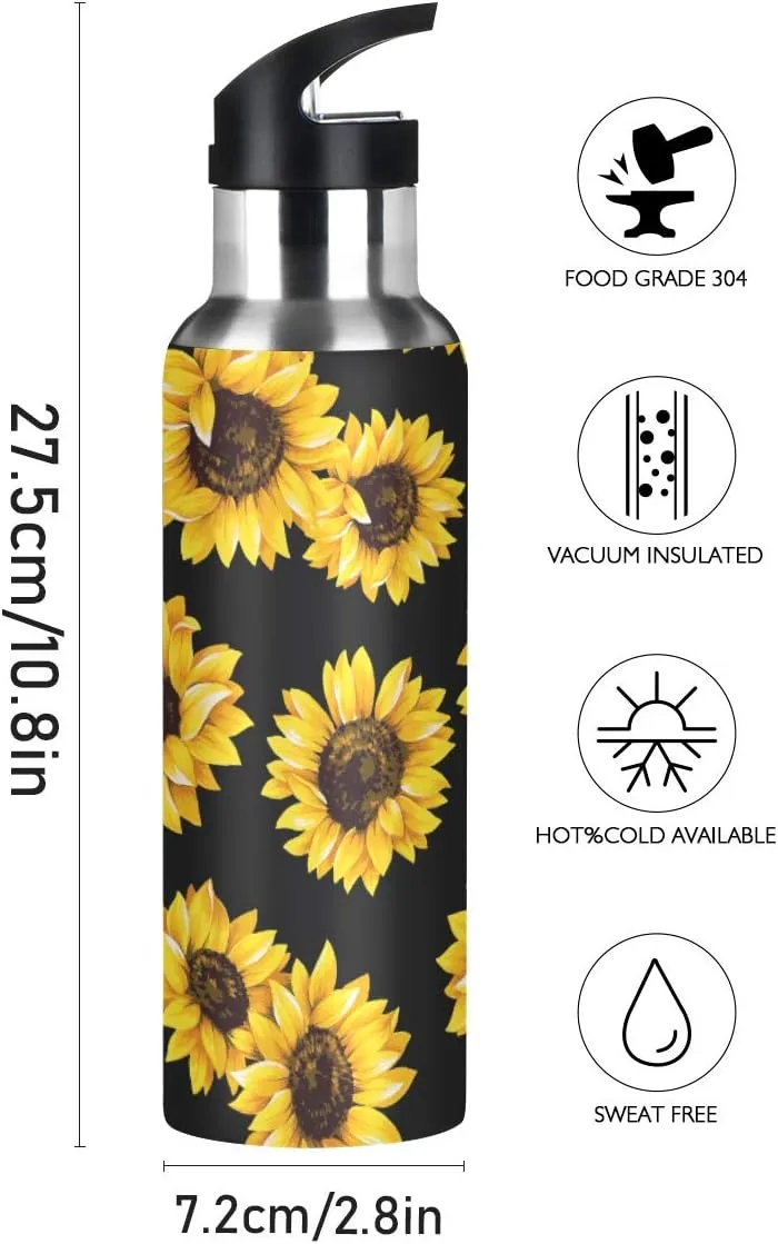 ALAZA Sunflower Water Bottle with Straw Lid Kids Vacuum Insulated Stainless Steel BPA Free Water Flask Thermo Mug Sport, 20 Oz Hot Cold