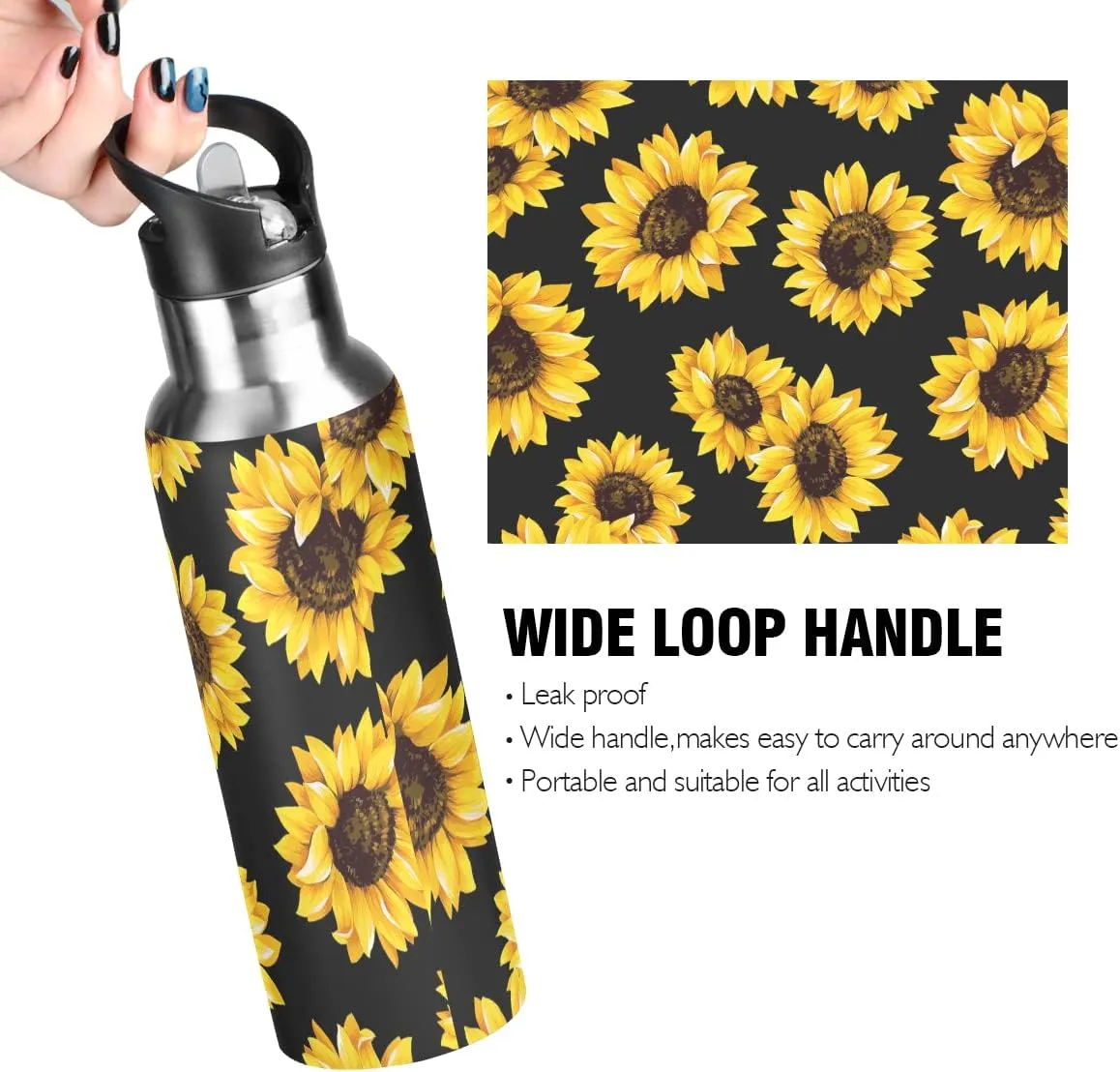 ALAZA Sunflower Water Bottle with Straw Lid Kids Vacuum Insulated Stainless Steel BPA Free Water Flask Thermo Mug Sport, 20 Oz Hot Cold