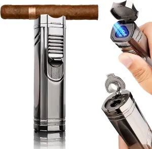 All-in-one Torch Cigar Lighter with Triple Adjustable Jet Flames, Cigar Punch, Cigar Holder, Gorgeous Box for Cigar Gifts, Windproof Butane Refillable Cool Lighters for Smoking, Camping, Candles